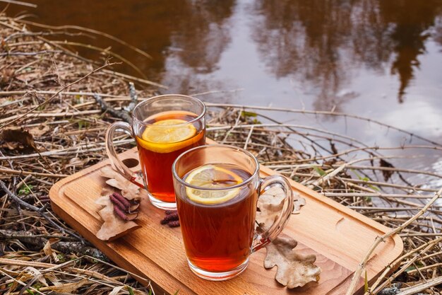 Té rojo con limón en tazas de vidrio sobre la naturaleza.