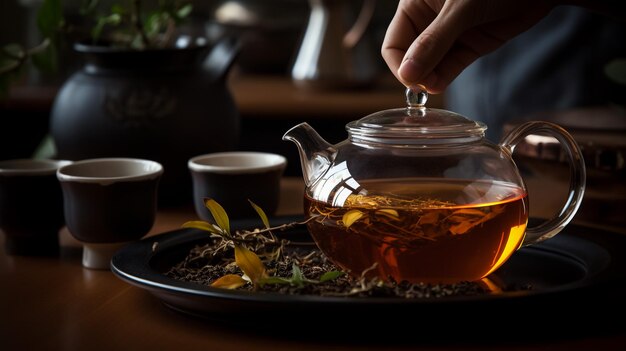 Foto un té saludable y delicioso de hierbas con miel una tetera en una taza de vidrio miel dorada dulce y un conjunto de hierbas secas en un mortero de porcelana con un primer plano de pilón en un mármol verde pastel