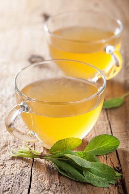 Té de salvia de hierbas con hoja verde en vasos de vidrio