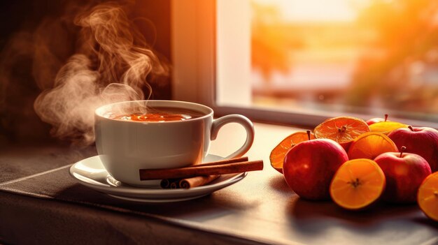 Té en una taza blanca al vapor una manzana y canela en la mesa comodidad temporada de otoño