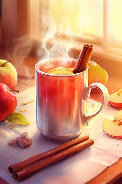 Té en una taza blanca al vapor una manzana y canela en la mesa comodidad temporada de otoño