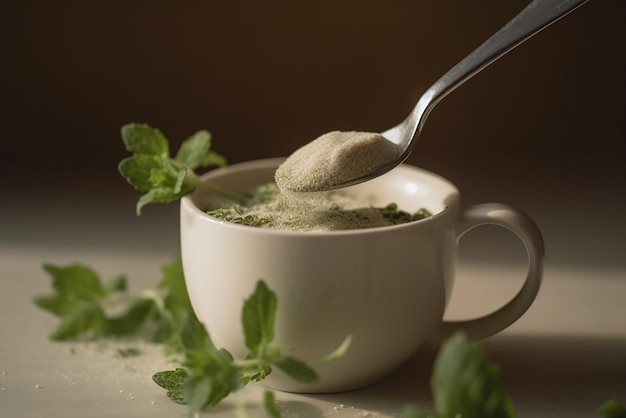 Té en una taza con una cucharada de té verde stevia sin azúcar por la mañana