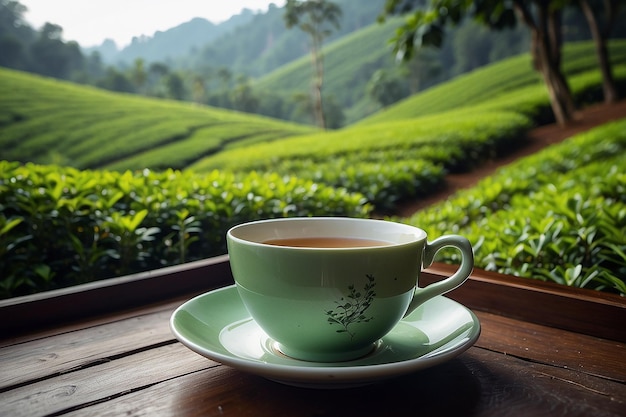 Té en una taza en una plantación de té