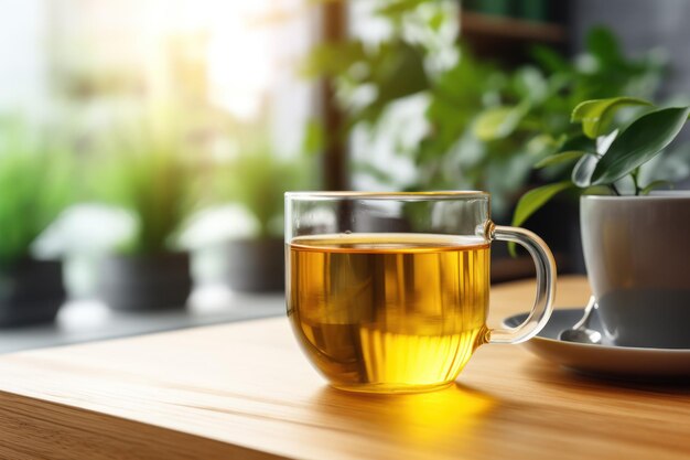 un té en una taza de vidrio en una mesa de madera en un primer plano