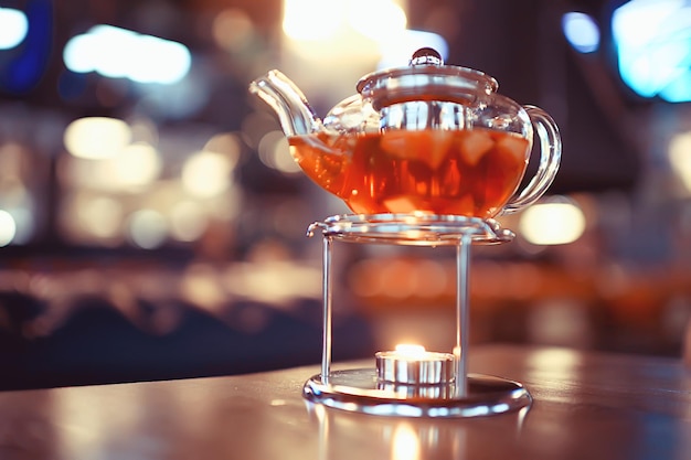 té de tetera transparente de vidrio, ceremonia del té del café, mesa de té negro