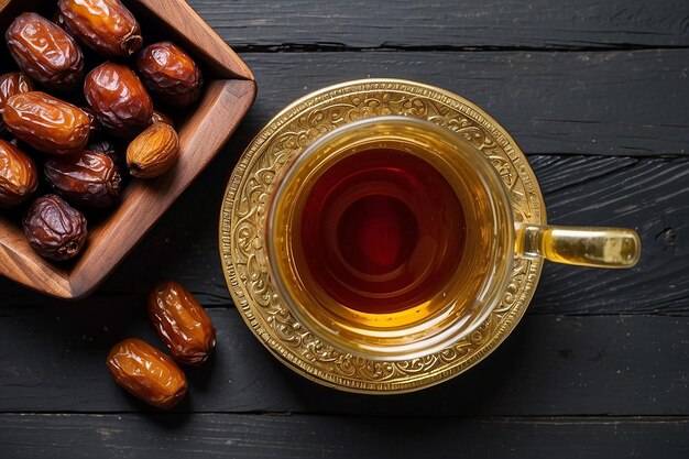 Foto el té tradicional árabe turco del ramadán con dátiles secos y pasas en una mesa de madera negra el té fresco turco del ramadan con dátiles vista desde arriba