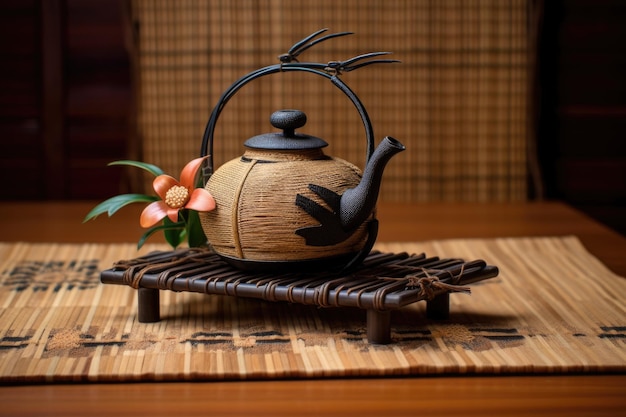 Té tradicional japonês de ferro em tapete de bambu criado com ai generativo