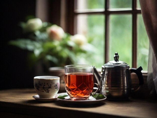 Té en un vaso en una mesa de madera enfoque selectivo creado utilizando herramientas de IA generativas