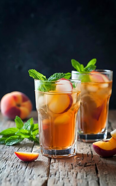 té de verano frío con melocotón y menta en vasos en la mesa