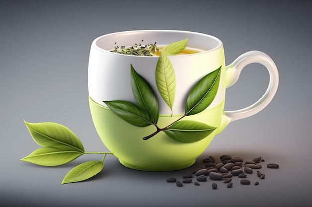 Té verde sin cafeína en una taza con hojas de té