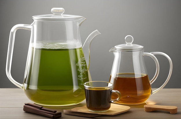 Té verde caliente en tetera de vidrio y taza.