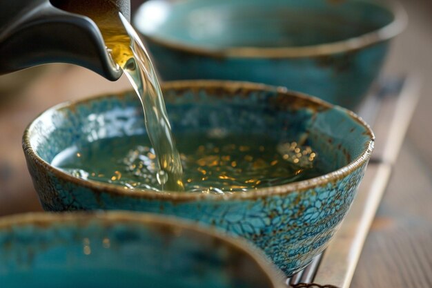 El té verde caliente se vierte de la tetera en el tazón azul