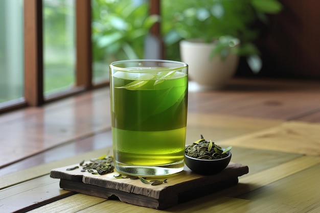 Té verde fresco en un vaso alto colocado sobre el suelo de tablas