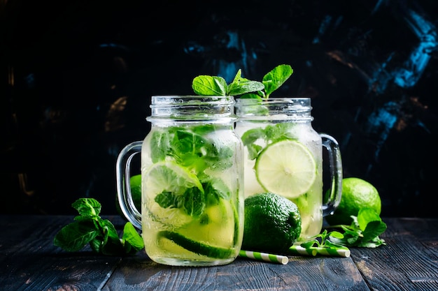 Té verde helado con lima y menta en frascos de vidrio enfoque selectivo de fondo oscuro