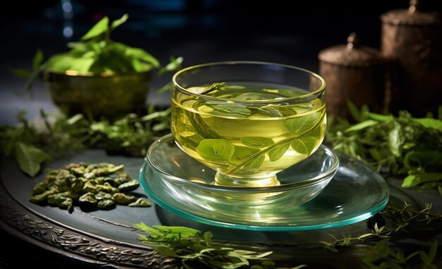 té verde con hoja y tetera verde en una mesa