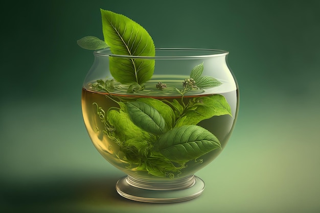 Té verde y hojas verdes en una taza