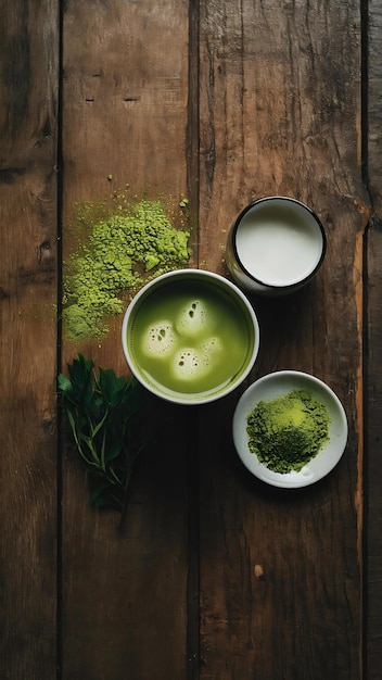 Té verde, leche helada y matcha en polvo en el suelo de madera.