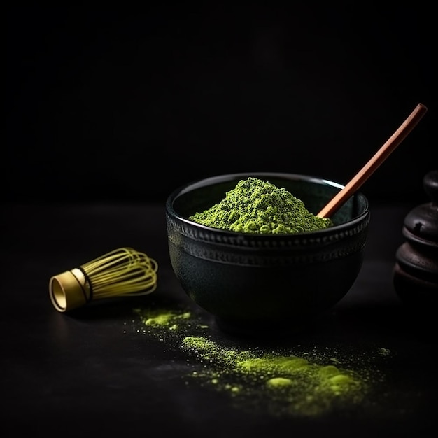 Té verde matcha sobre fondo negro primer plano alimentos saludables bebidas fondo de alimentos