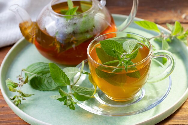 Té verde con menta en un recipiente transparente. Alimentos saludables, antioxidantes.