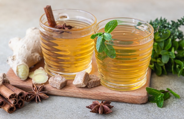 Té verde o de hierbas con menta y tomillo, canela, anís y jengibre. Té de menta y tomillo.