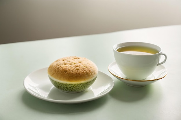 Té verde con pan en una mesa plana con hojas