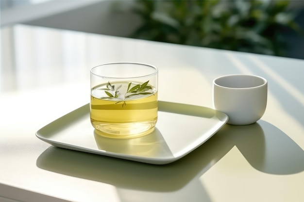 Té verde en el plato en un café minimalista