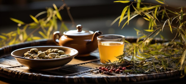 Té verde con tetera y vaso en una bandeja de bambú