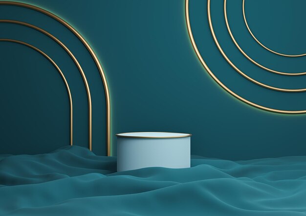 Teal blue 3D produto luxuoso suporte de pódio linhas douradas composição mínima arco geométrico