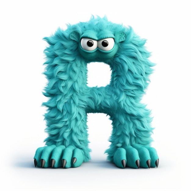 Foto teal monster letter r una caricatura de arte peludo con conciencia ambiental