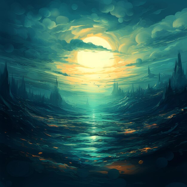 Teal Surrealism Seascape Abstract Fantasy Cena do Céu no Oceano