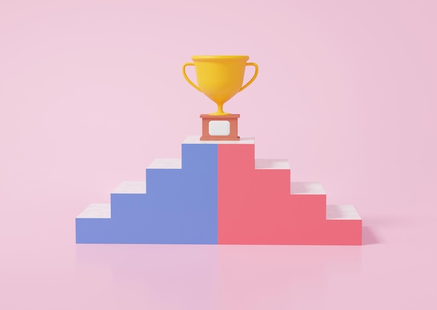 Team blaue und rote Wettkampftreppe mit Trophäenpokal auf rosa Hintergrund gratulieren Champion Ziel erfolgreicher Preis bester 1. Gewinner Konzept 3D Render Illustration