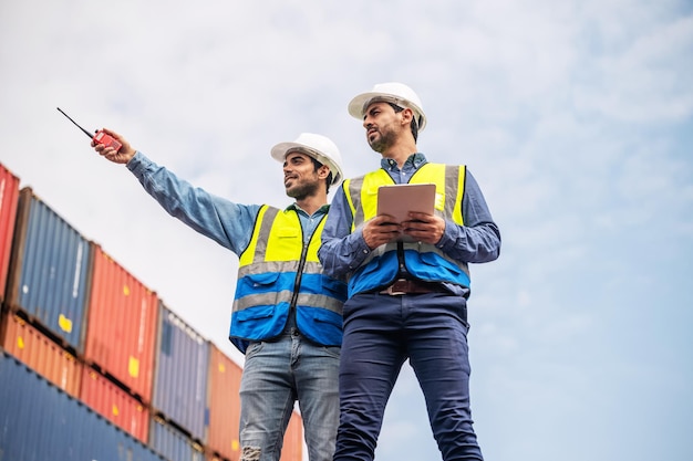 Team Businessman trabajando en el patio de contenedores del sitio para el envío comercial de importación y exportación Trabajador caucásico que inspecciona el contenedor en el equipo de gestión de exportación de servicios de entrega logística de almacén