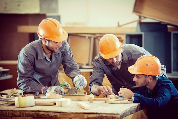 Team, das an Projekt in der industriellen hölzernen Fabrik arbeitet