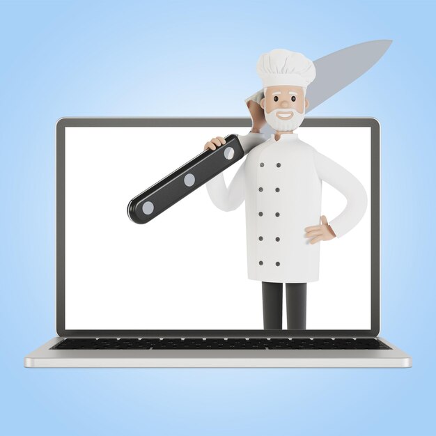 Team des Restaurantpersonals am Laptop-Bildschirm Lieferung aus dem Restaurant 3D-Illustration im Cartoon-Stil