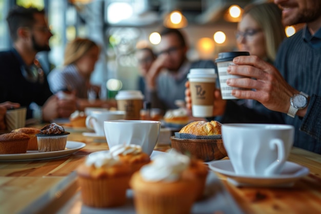 Foto team meeting over coffee and muffins in office