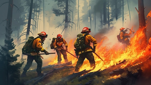 Team mutiger Feuerwehrleute beim Löschen eines Waldbrandes