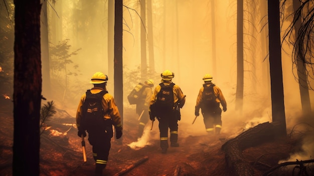 Team mutiger Feuerwehrleute beim Löschen eines Waldbrandes