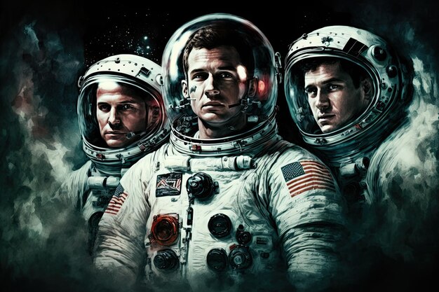 Team von drei internationalen Astronauten in Raumanzügen Filmplakat Generative KI-Illustration