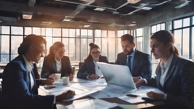 Team von Geschäftsleuten, die im Besprechungsraum zusammenarbeiten, Teamarbeit im Büro, Hintergrunddiagramme und