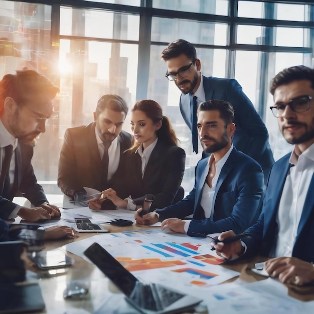 Team von Geschäftsleuten, die im Besprechungsraum zusammenarbeiten, Teamarbeit im Büro, Hintergrunddiagramme und