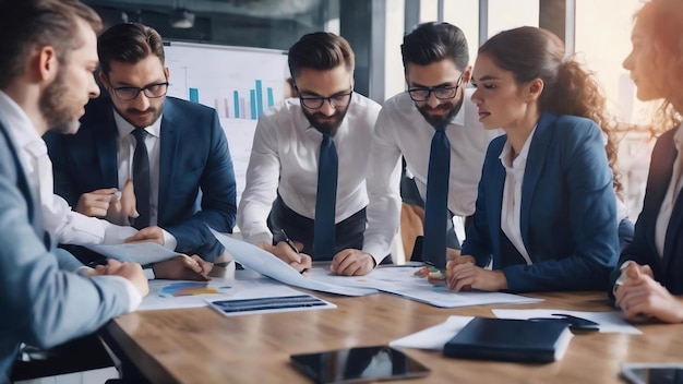 Team von Geschäftsleuten, die im Besprechungsraum zusammenarbeiten, Teamarbeit im Büro, Hintergrunddiagramme und