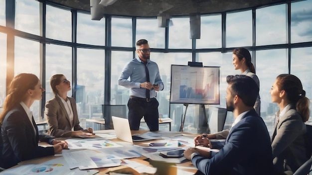 Team von Geschäftsleuten, die im Besprechungsraum zusammenarbeiten, Teamarbeit im Büro, Hintergrunddiagramme und