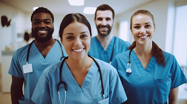 Foto team von mitarbeitern des gesundheitswesens in einem krankenhaus, das in die kamera lächelt