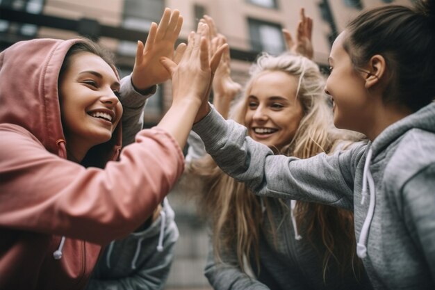 Foto team zusammenhalt freunde frauen kaukasische outdoors frauen sommer freundschaft junge gruppe generative ki