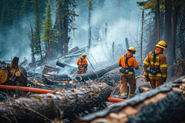 Teamarbeit der Feuerwehrleute bei der Waldbeseitigung von Baumbränden im Reservat