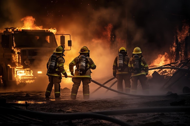 Teamarbeit Eine Gruppe von Feuerwehrleuten beim Löschen eines Feuers. Mutige Menschen bei gefährlicher Arbeit. 911