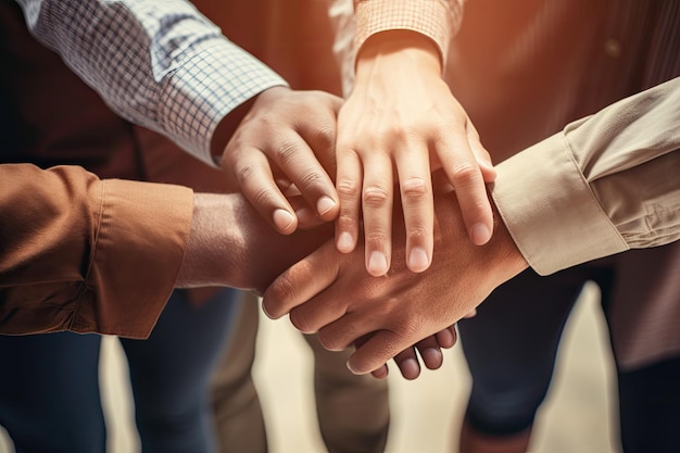 Teamwerk-Konzept Nahaufnahme von Geschäftsleuten, die ihre Hände zusammenlegen Teammitglieder, die ihre Händen zusammenlegen Nahaufsicht von oben Keine sichtbaren Gesichter KI generiert