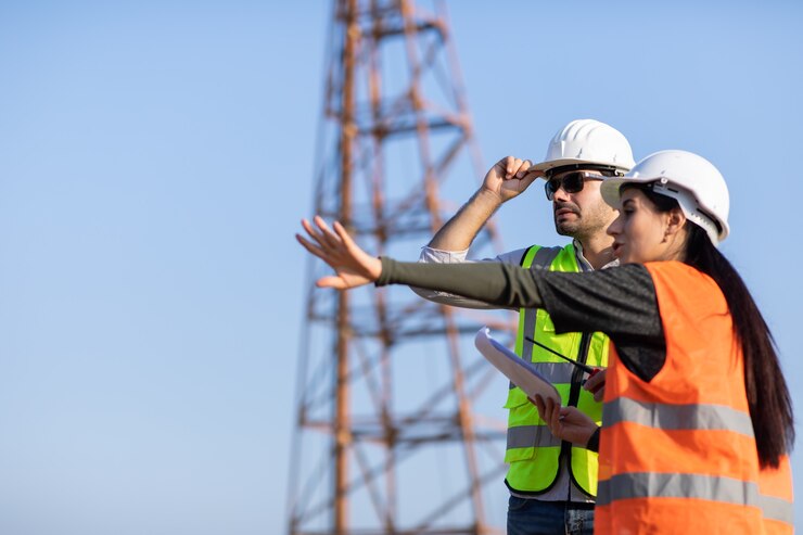 Teamwokr Ingeniero Mecánico Profesional. Gerente de construcción e ingeniero que trabaja en el sitio de construcción.