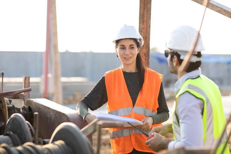 Teamwokr Ingeniero Mecánico Profesional. Gerente de construcción e ingeniero que trabaja en el sitio de construcción.