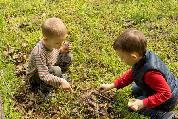 Teamwork als zwei kleine Jungs ein Feuer machen